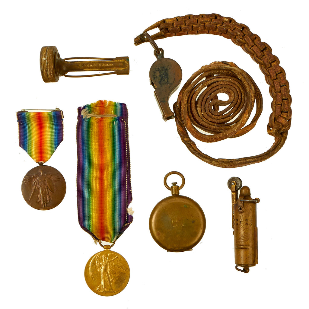Original U.S. WWI / WWII Era Personal Effects and Medal Grouping Featuring “Trench Whistle”, Pocket Compass and Victory Medals - 6 Items Original Items