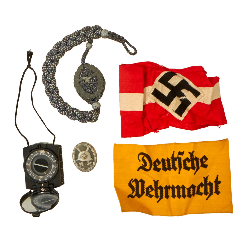 Original German WWII USGI Bring Back Grouping with Armbands, Awards, and Bakelite Rangefinder Compass - 5 Items Original Items