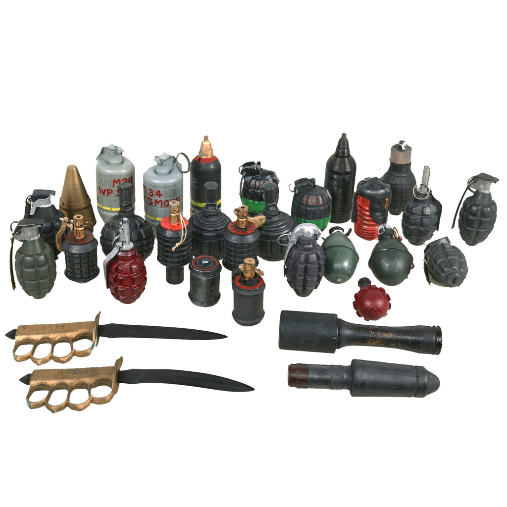 Collection of 30 Inert Reproduction U.S., German, French, British, & Japanese Ordnance Pieces - Grenades, Mortars, Trench Knife Original Items