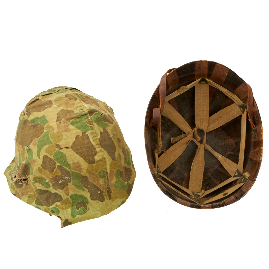 Original U.S. WWII M1 McCord Front Seam Fixed Bale Helmet with Seaman Paper Co Liner & HBT Camouflage Cover Original Items