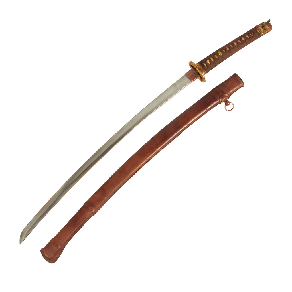 Original Japanese WWII Army Officer Type 98 Shin-Gunto Handmade Katana Sword by NAGAMURA KIYONOBU with Leather Covered Wood Scabbard Original Items