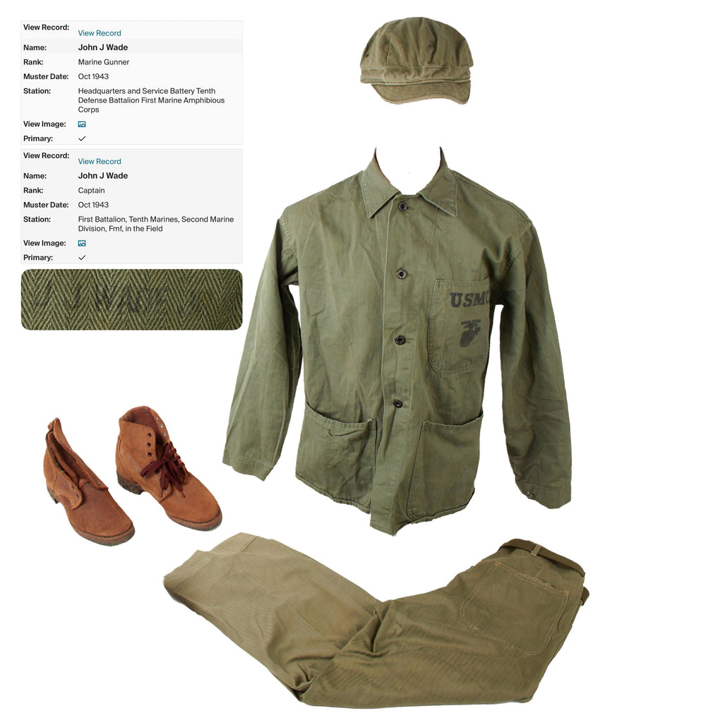 Original U.S. WWII Identified USMC HBT Herringbone Twill P41 Utility Combat Uniform & Boot Grouping - Lieutenant & Later Colonel John J. Wade Jr. Original Items