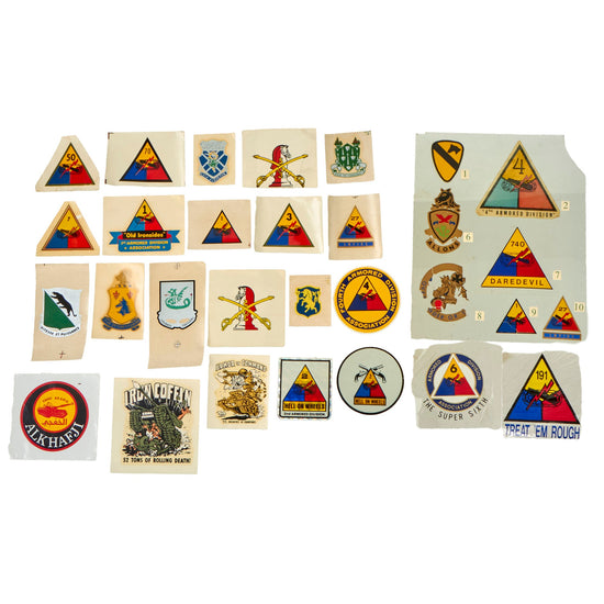 Original U.S. WWII to Cold War Era Armored Division Decals, Sticker and Paper Insignia Lot - Formerly Part of the A.A.F. Tank Museum Original Items