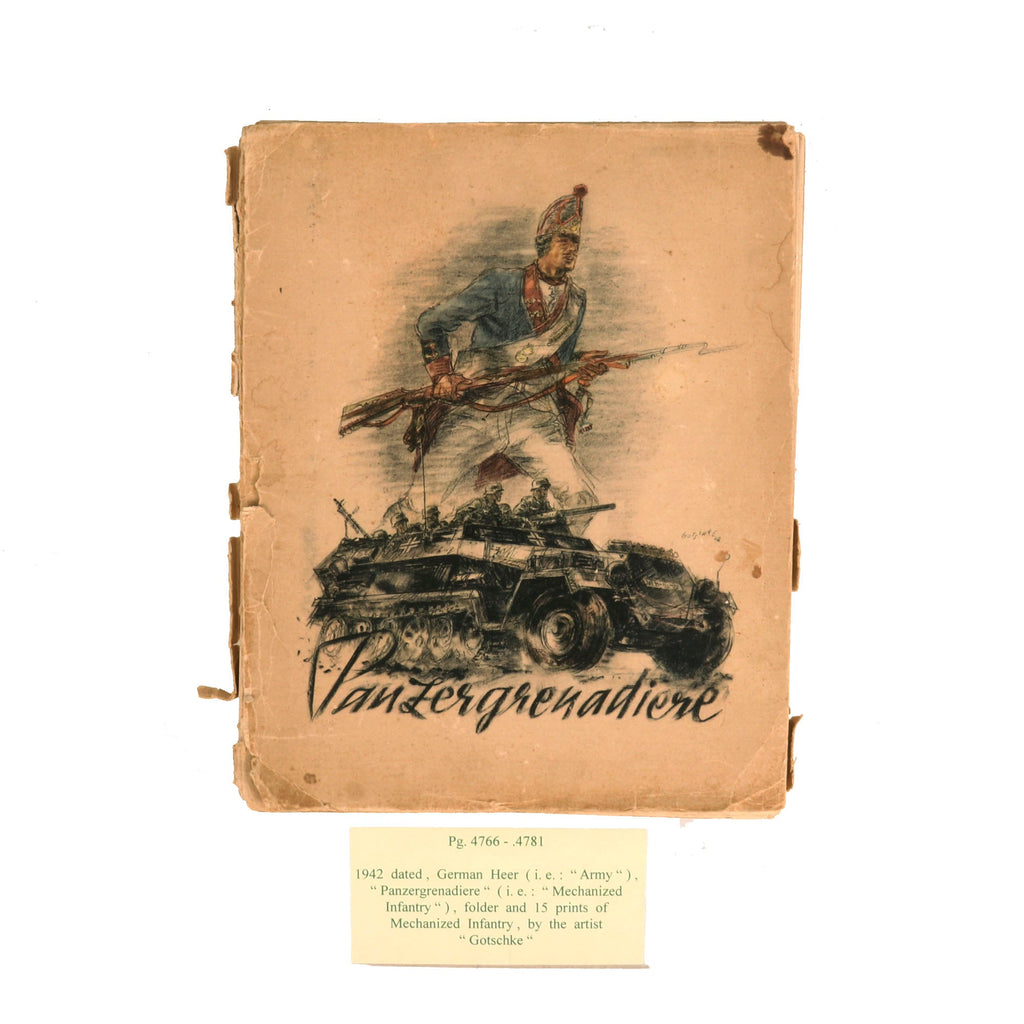 Original German WWII 1942 Dated Panzergrenadiere Mechanized Infantry Folder and 15 Prints by Artist "Gotschke" Original Items