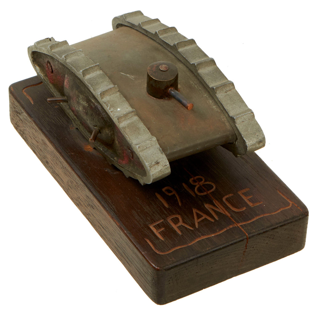 Original British WWI Trench Art Mk V Tank Model with Inscribed “1918 France” Base Original Items