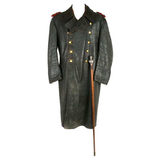 Original German WWII Leather Greatcoat & Swagger Stick Attributed to 4th Panzer Div. & 5th Panzer Army Commander General der Panzertruppen Heinrich Eberbach - Formerly Part of the A.A.F. Tank Museum Original Items
