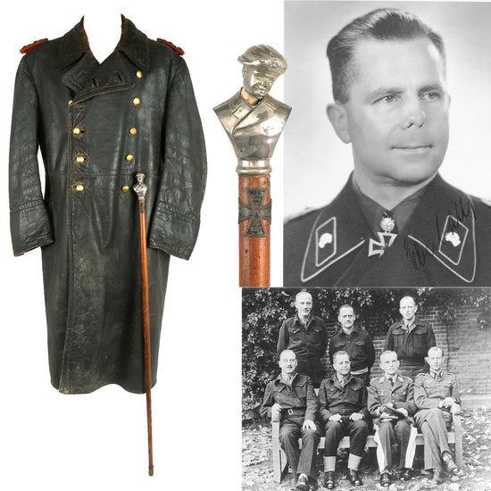 Original German WWII Leather Greatcoat & Swagger Stick Attributed to 4th Panzer Div. & 5th Panzer Army Commander General der Panzertruppen Heinrich Eberbach - Formerly Part of the A.A.F. Tank Museum Original Items
