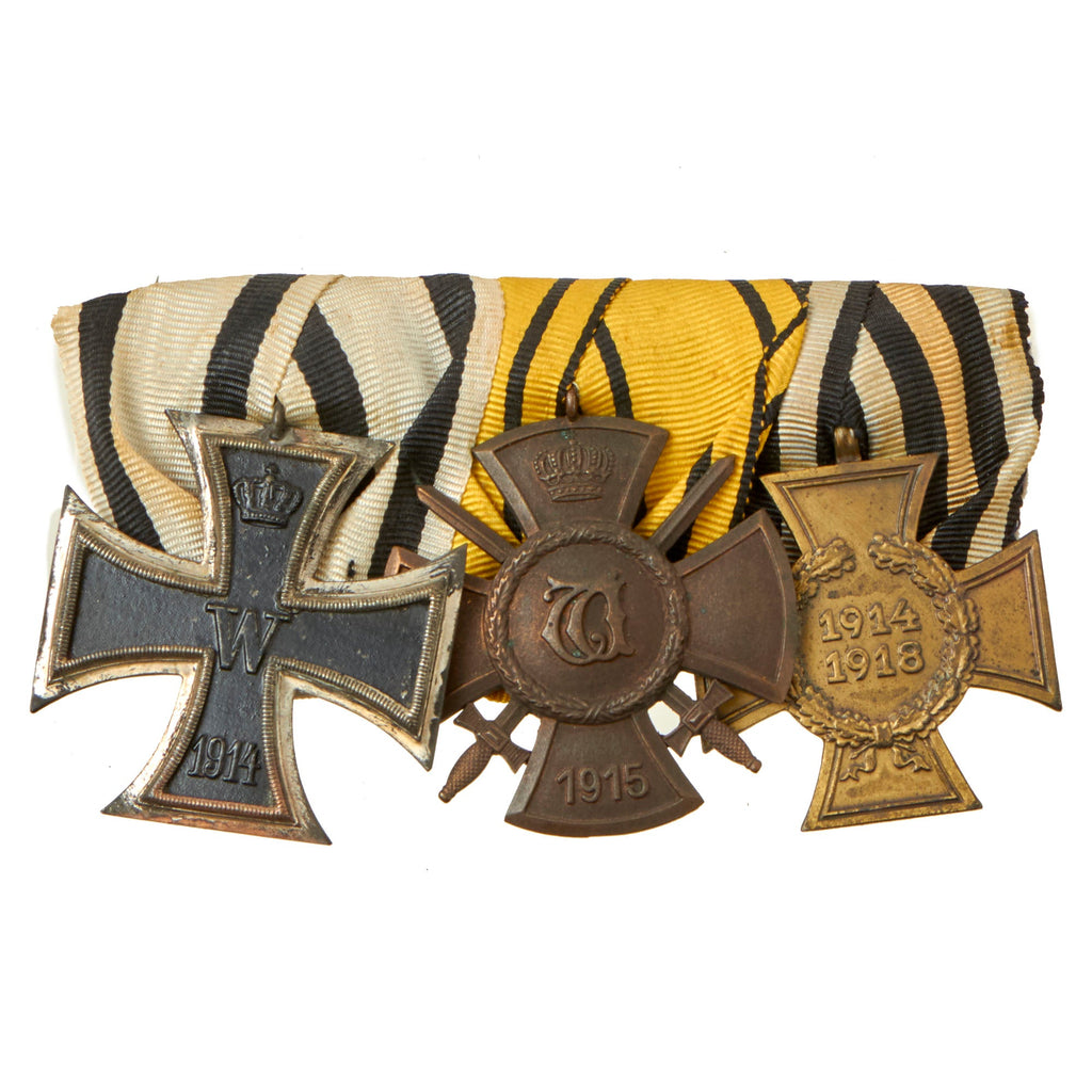 Original Imperial German WWI Era Medal Bar with 1914 EKII and Kingdom of Württemberg Wilhelm Cross 2nd Class - 3 Awards Original Items