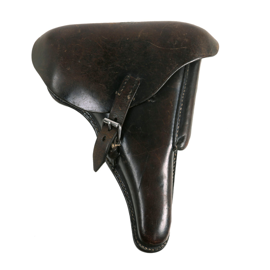 Original German WWII P.08 Luger Pistol Black Leather Hardshell Holster by Albert Fischer - Dated 1939 Original Items