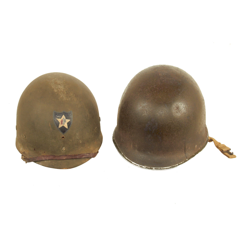 Original U.S. WWII Matched Bullet Struck 1942/43 M1 McCord Front Seam Fixed Bale Helmet with 2nd Infantry Division Painted Westinghouse Liner - With NCO Horizontal “Follow Me” Stripe Original Items