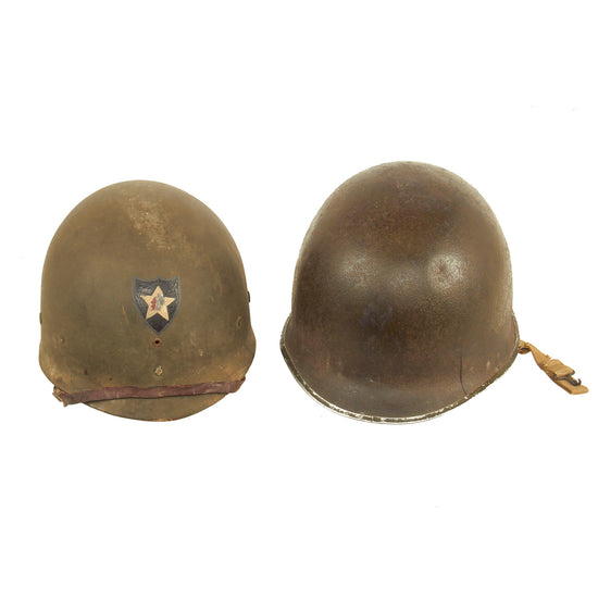 Original U.S. WWII Matched Bullet Struck 1942/43 M1 McCord Front Seam Fixed Bale Helmet with 2nd Infantry Division Painted Westinghouse Liner - With NCO Horizontal “Follow Me” Stripe Original Items