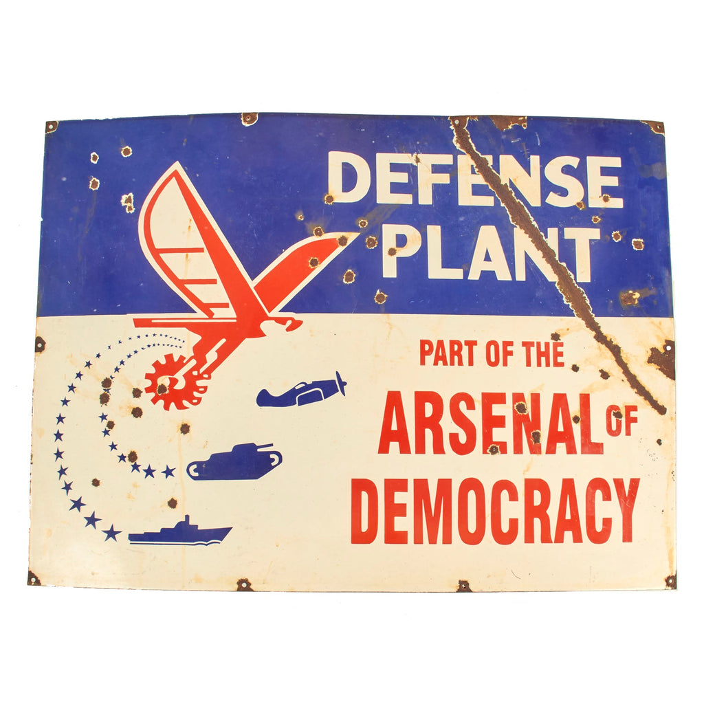 Original U.S. WWII “Defense Plant Part of the Arsenal of Democracy” Rare Enamel Porcelain Factory Sign - 29 ½” x 39” Original Items