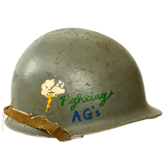 Original U.S. WWII Named US Navy Aerographer’s Mate “Weather Gussers” Painted Front Seam Swivel Bale Schlueter M1 Helmet with Inland/Firestone Liner - AG2 Iannucci Original Items