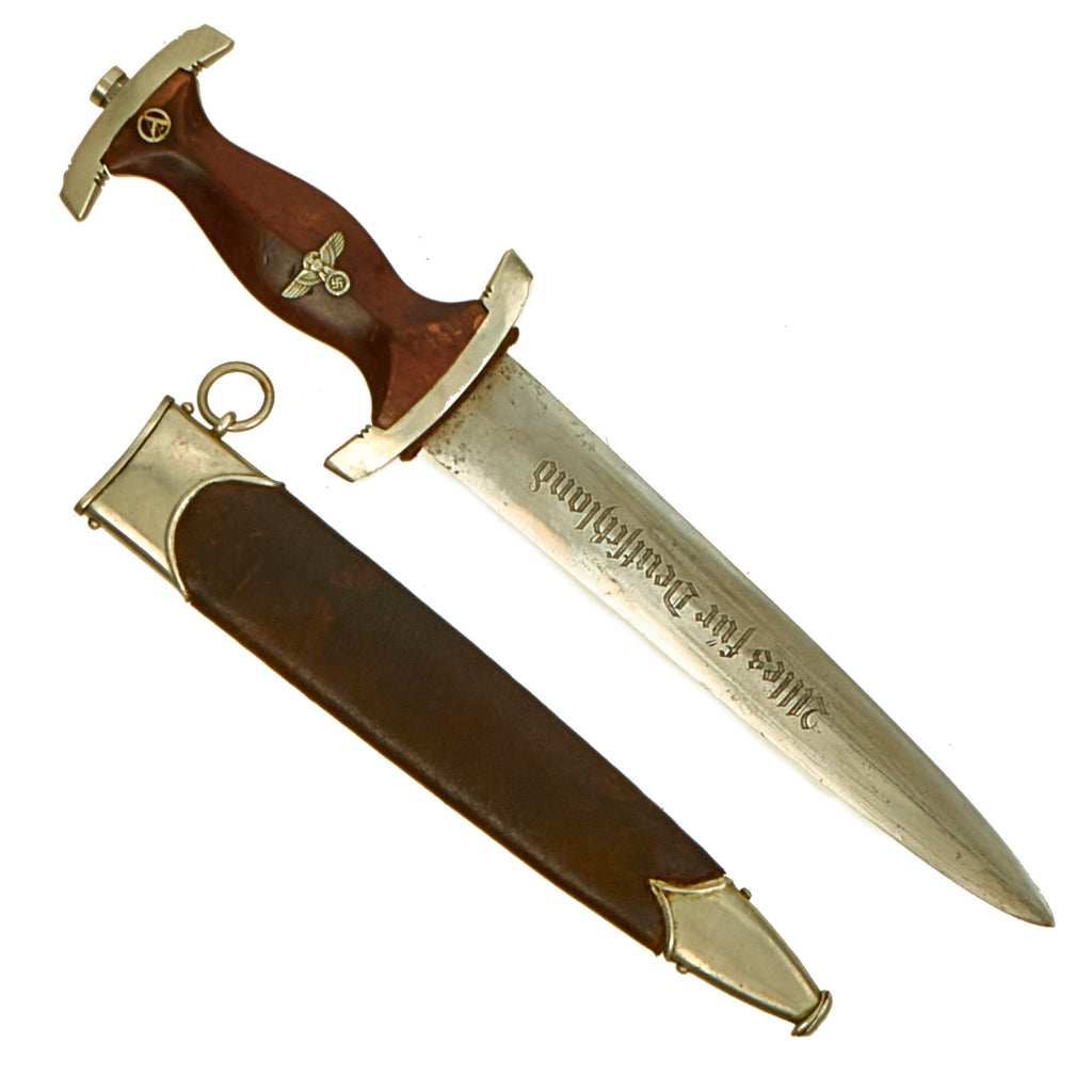 Original German WWII SA Dagger Made From Early Fittings and 1938 Dated Blade by by Rare Maker Karl Tiegel with Leather Covered Scabbard - RZM M7/81/38 Original Items
