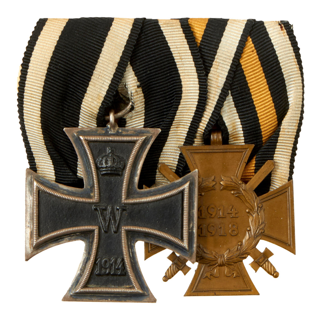 Original Imperial German WWI Era Medal Bar with EKII and Hindenburg Cross with Swords - 2 Awards Original Items