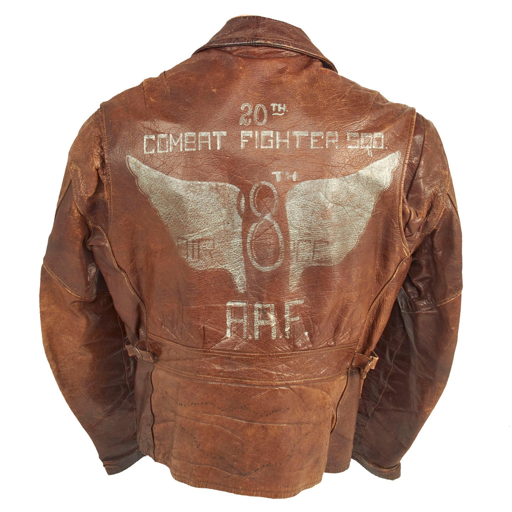 Original U.S. WWII British Made A-2 Style 20th Combat Fighter Squadron, 8th Air Force Painted Leather Motorcycle Jacket Original Items
