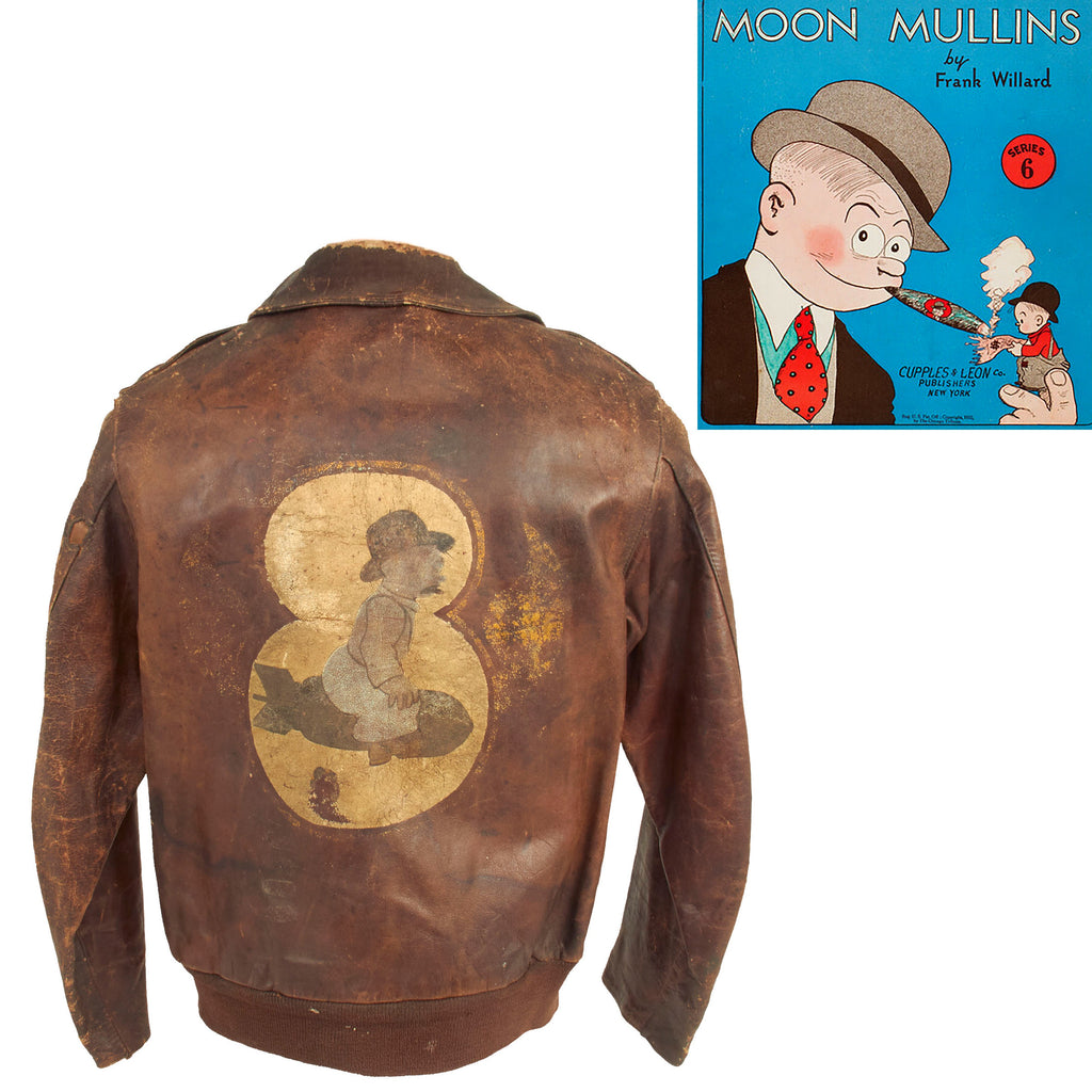 Original U.S. WWII 8th Air Force Moon Mullins Cartoon Character Painted A-2 Leather Flight Jacket Named to Sgt Leonard Itle - 368th Bomb Squadron Original Items