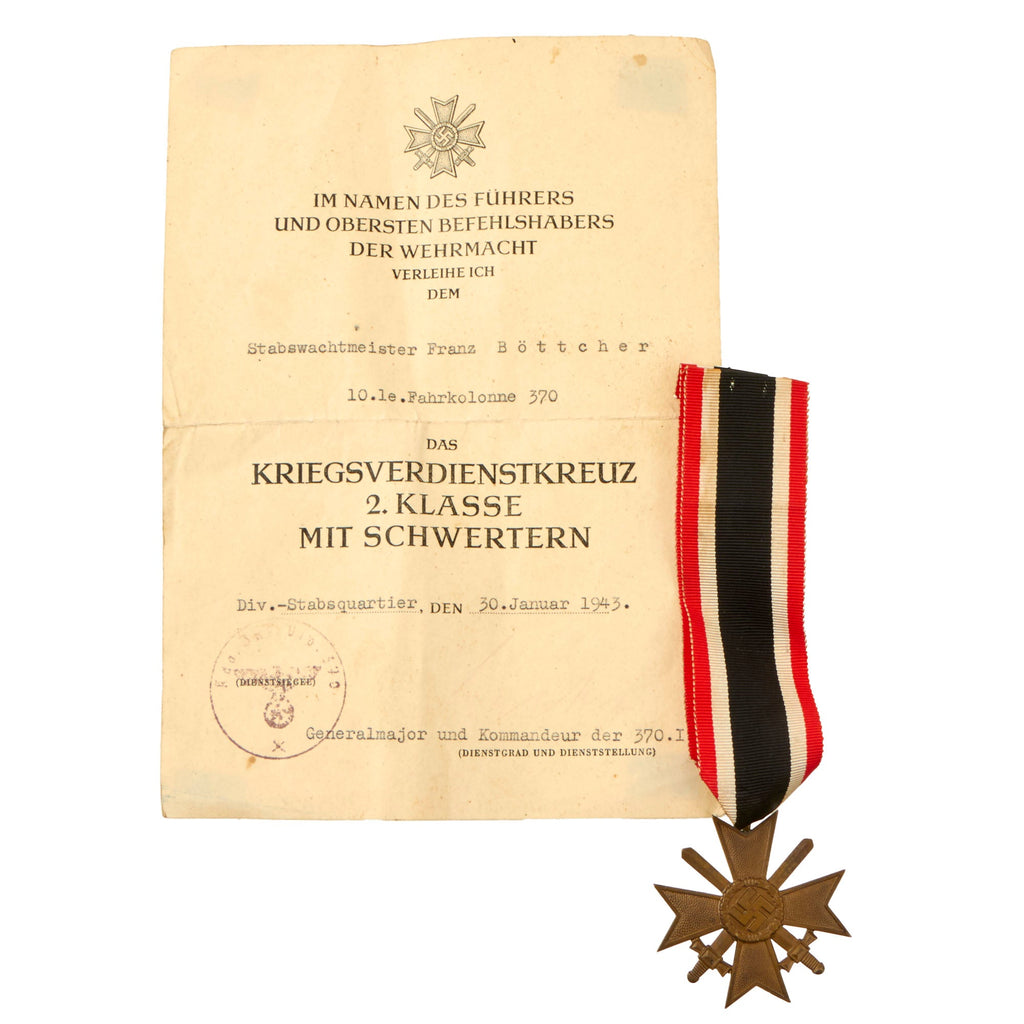 Original German WWII War Merit Cross 2nd Class with Swords and Named Award Document - KvKII Original Items