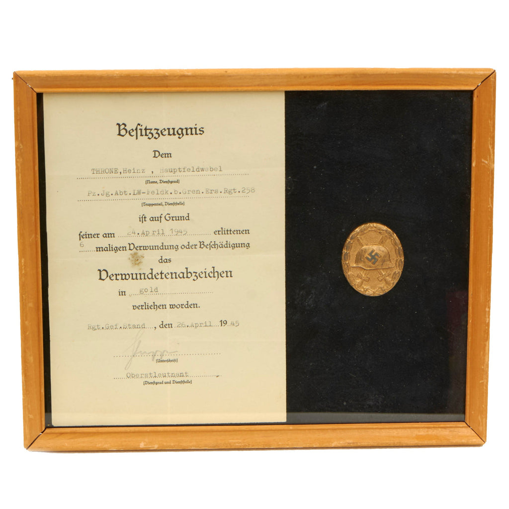 Original German WWII Framed Gold 1st Class Wound Badge by B.H. Mayer's Art Mint with Award Document - 10 ¾" x 8 ¾" Original Items