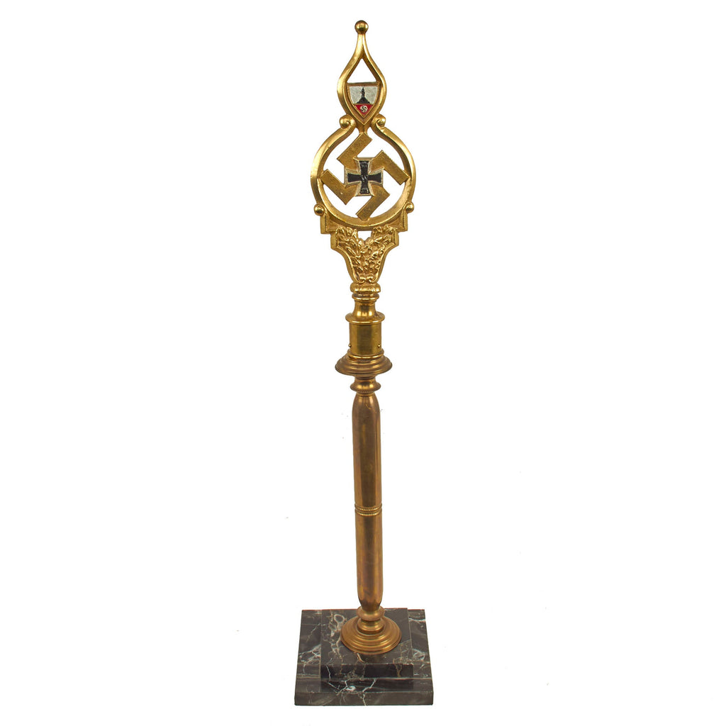 Original German WWII National Socialist State Veteran's Association Flag Pole Finial on Brass & Marble Pedestal - NSRKB Original Items