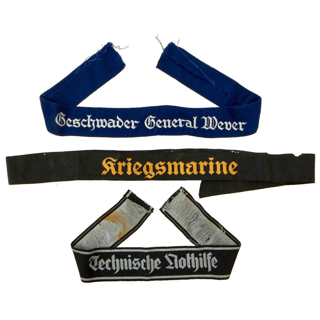 Original German WWII Fabric Strap Insignia Grouping - Luftwaffe Cuff Title, TeNo Cuff Title & Kriegsmarine Cap Tally Original Items