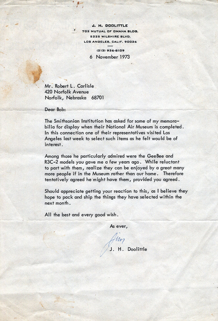 Original U.S. General James “Jimmy” Doolittle Signed Letter For Personal Items To Be Displayed In The National Air Museum - Dated 1973 Original Items
