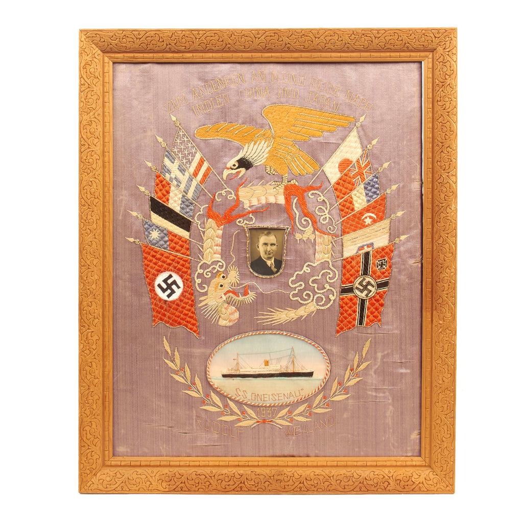 Original German Pre-WWII Named Ocean Voyage 1937 Dated Tour Flag from NDL Ship SS Gneisenau - 19" x 23" Original Items