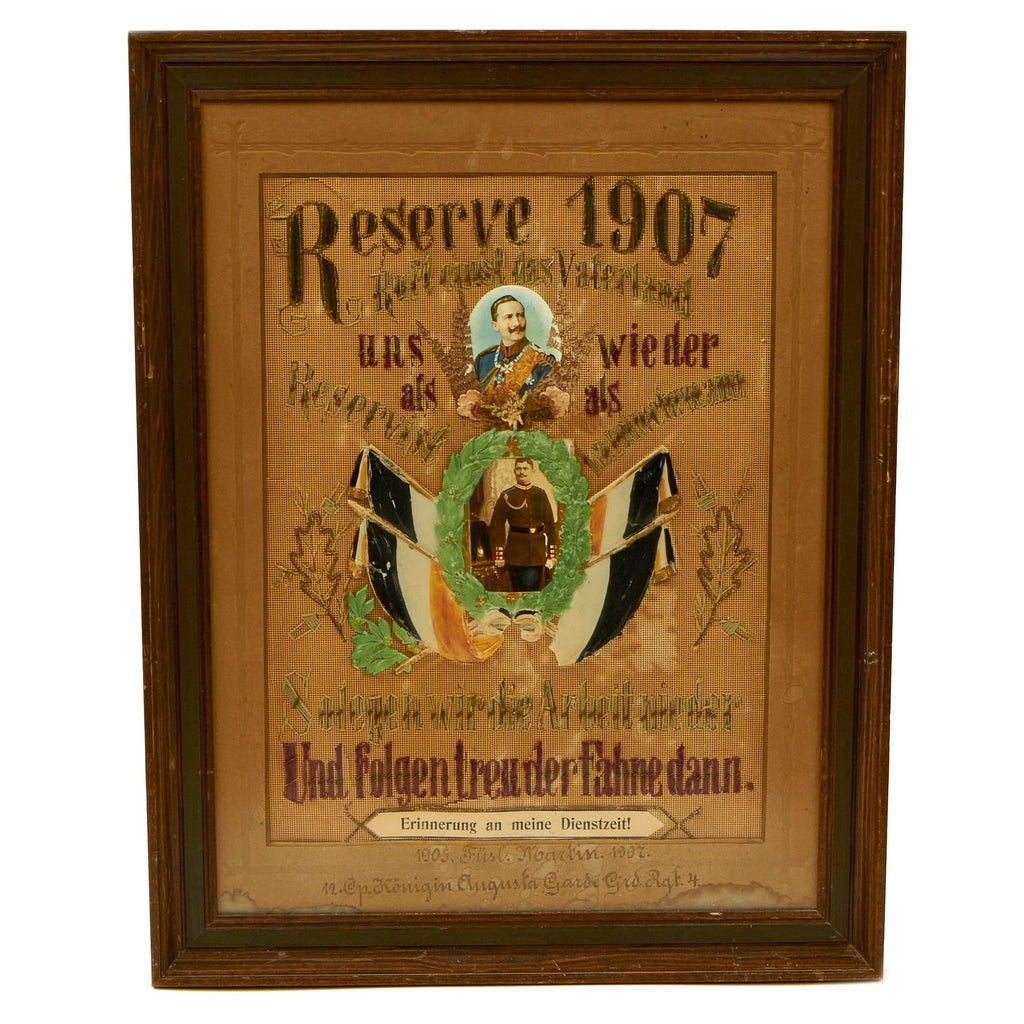Original Imperial German Pre WWI 4th (Queen Augusta) Guards Grenadiers Reservist “Memory of my Service” Framed and Embroidered Image - 22” x 17” Original Items
