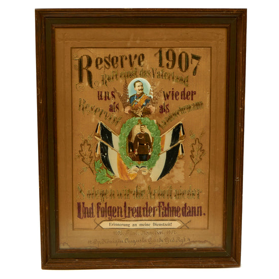 Original Imperial German Pre WWI 4th (Queen Augusta) Guards Grenadiers Reservist “Memory of my Service” Framed and Embroidered Image - 22” x 17” Original Items