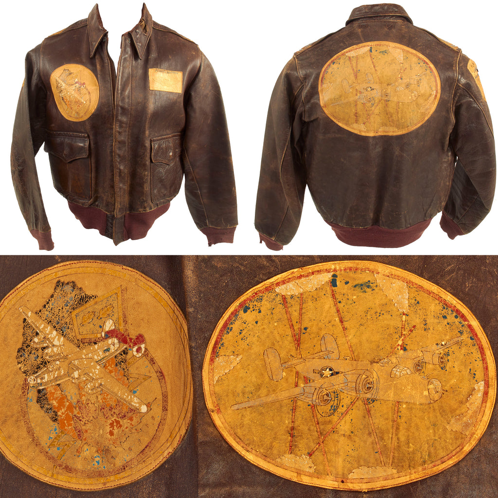 Original U.S. WWII Named Painted A-2 Leather Flight Jacket With Italian Made Leather Insignia For Gunner Sergeant First Class Robert Watters, 451st Bombardment Group Original Items