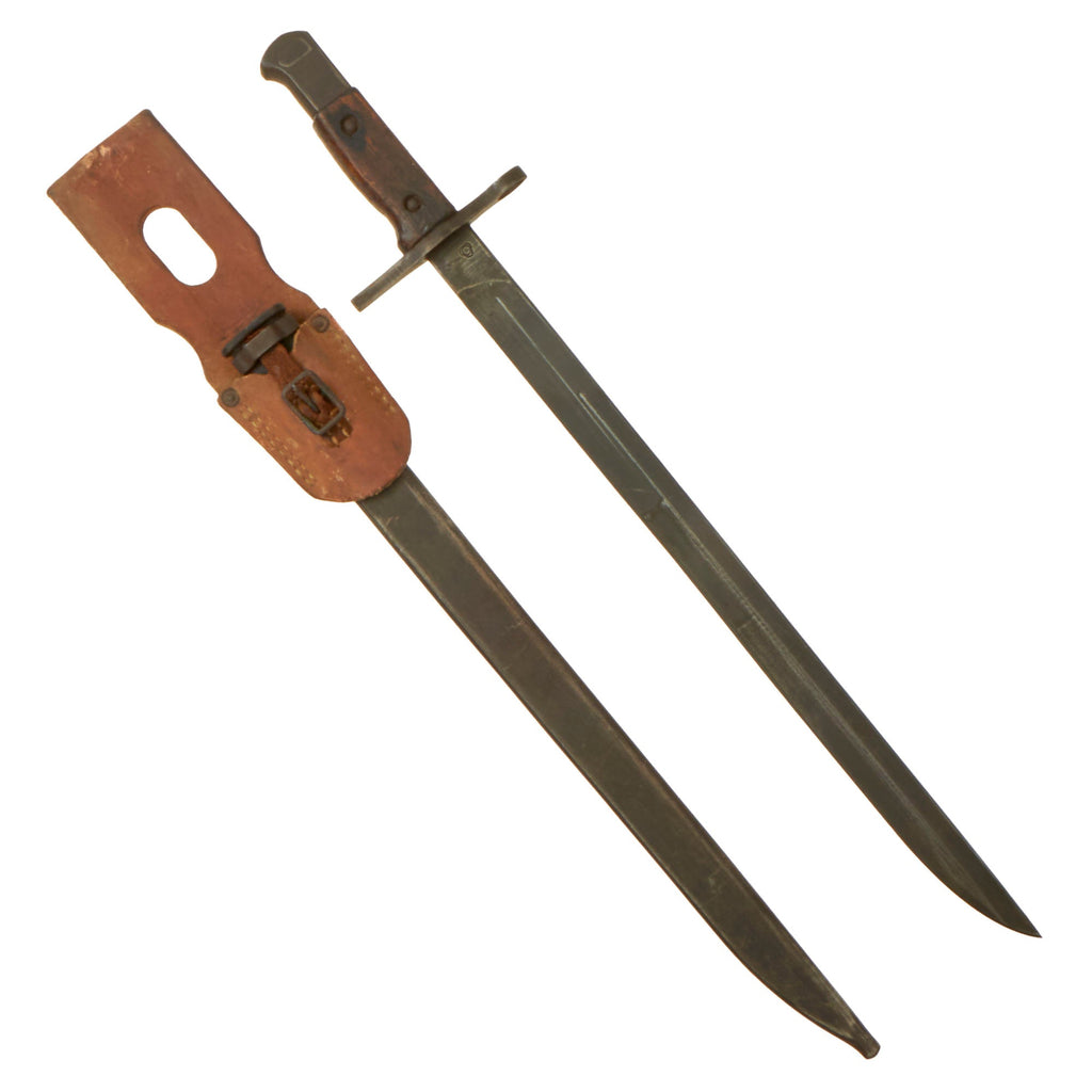 Original Japanese WWII Arisaka Type 30 Bayonet by Matsushita National Denki with Steel Scabbard and Rubberized Canvas Frog Original Items