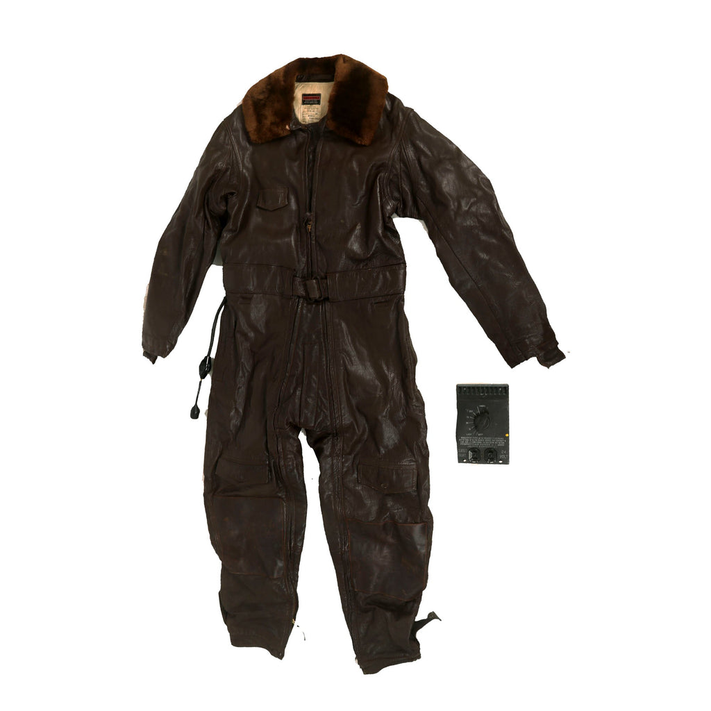 Original U.S. WWII Navy CFN-24 Colvinex Leather Heavy Flight Suit With Rheostat Type Q-1B Heated Clothing 24v “Hookup” - SIZE 44 Original Items