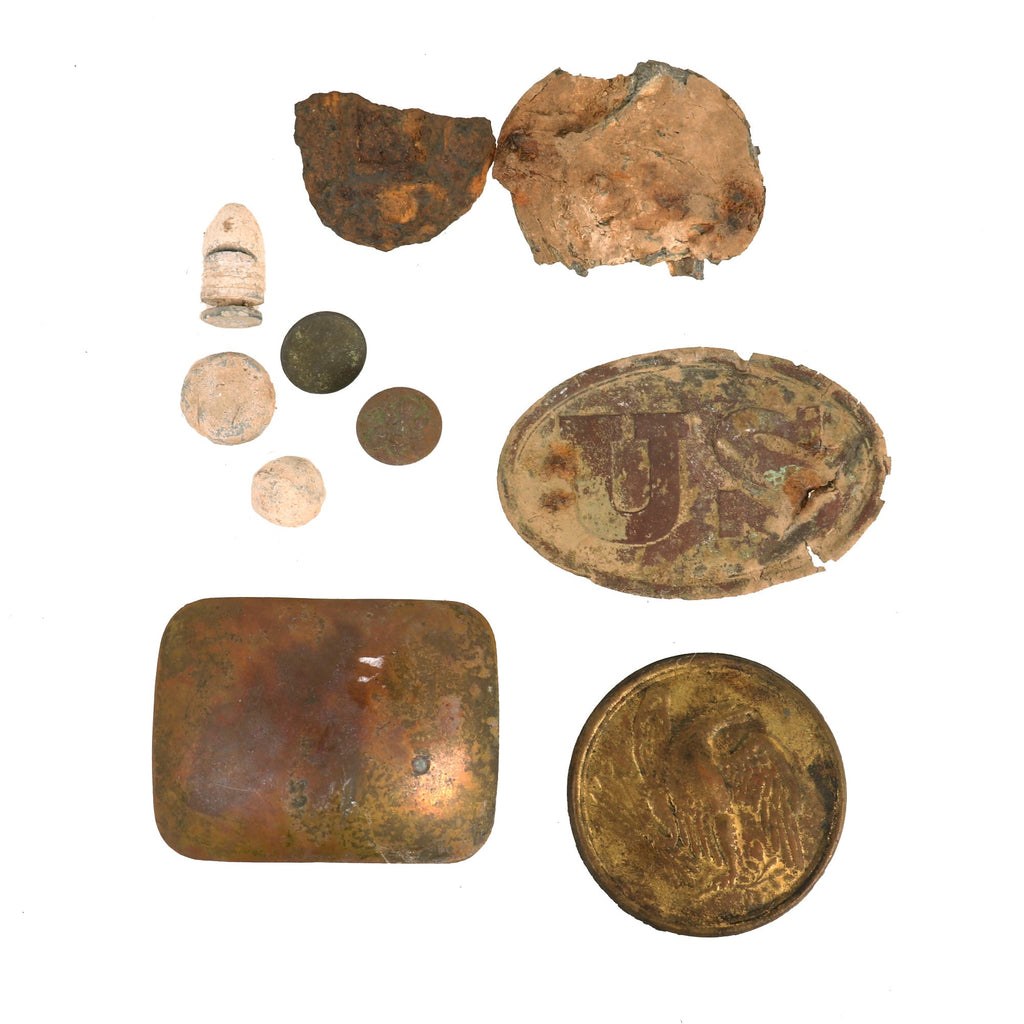 Original U.S. Civil War Lot of Relic Belt Buckles, Buttons, & Bullets Ground Dug at Chattanooga, Virginia, & Baton Rouge - 10 Pieces Total Original Items
