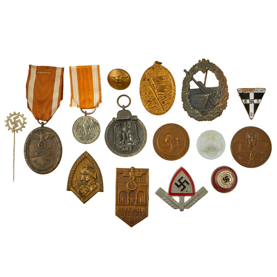 Original German WWI - WWII Award, Insignia, and Tinnie Grouping with Eastern Medal, Coastal Artillery Badge, and More - 15 Items Original Items