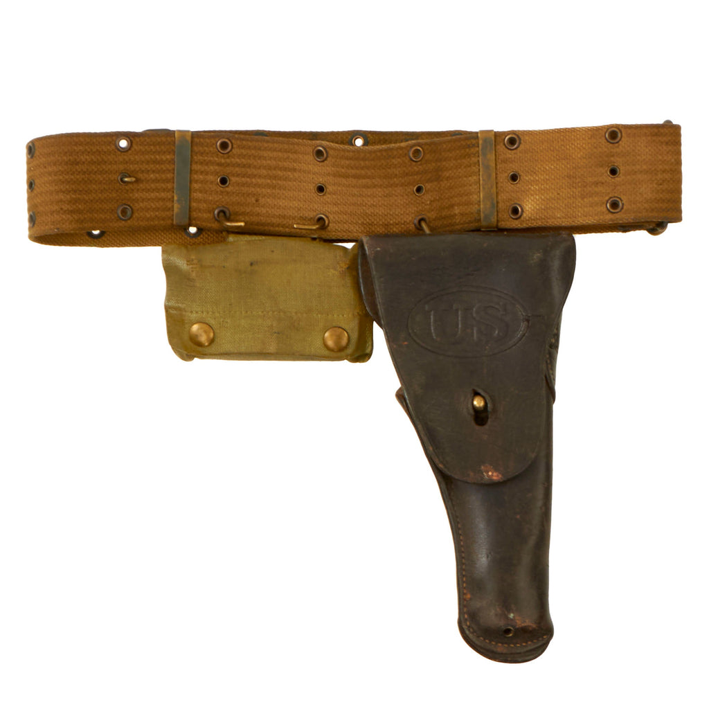 Original U.S. WWI M-1910 Pistol Belt Rig Featuring M1916 Holster for 1911 .45 Automatic and First Aid Pouch Original Items