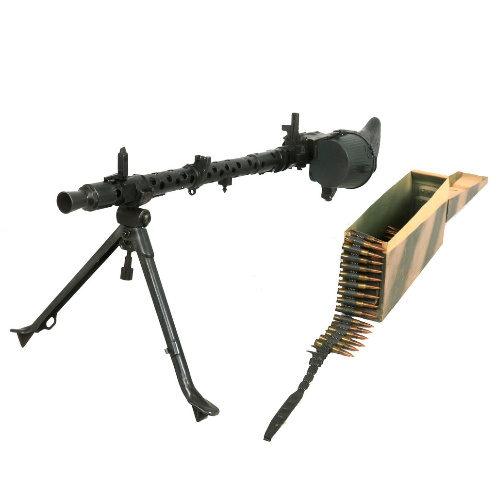 Original German WWII MG 34 Display Machine Gun with Carrier Drum and Belt with Inert Ammunition in 1941 Dated Can Original Items