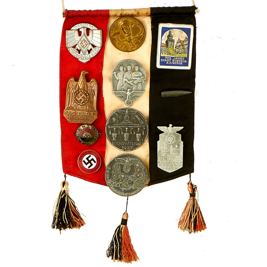 Original German WWII USGI Bring Back Insignia & Tinnie Collection Attached to Small Tri-Color Banner - 11 Attached Items Original Items