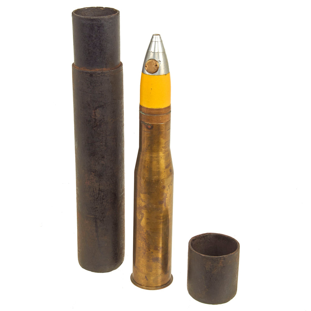 Original U.S. WWII Inert 37mm M54 High-Explosive Round For The Browning M4 Autocannon With Storage Container - Dated 1942 Original Items