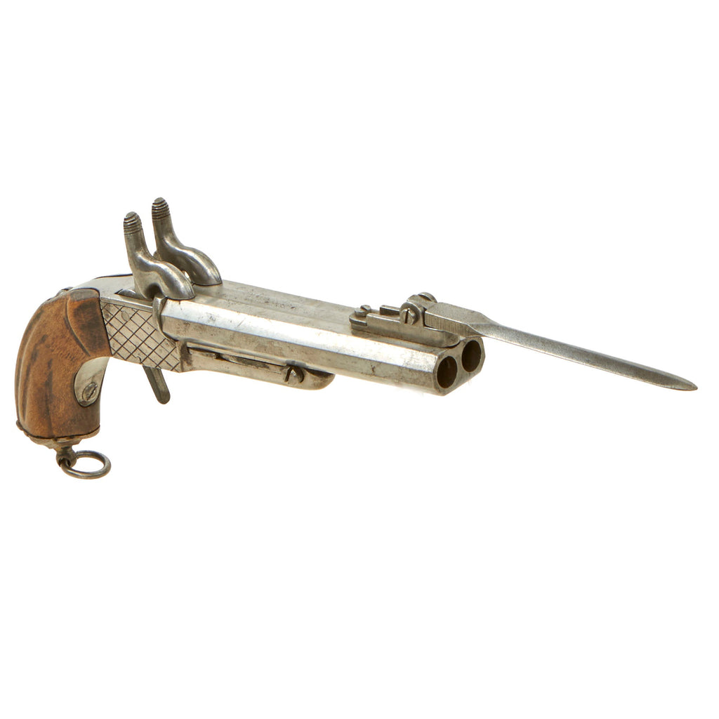 Original U.S. Civil War Era Belgian 10mm Pinfire Double Barrel Pistol with Folding Bayonet Circa 1855 - Non-Functional Original Items