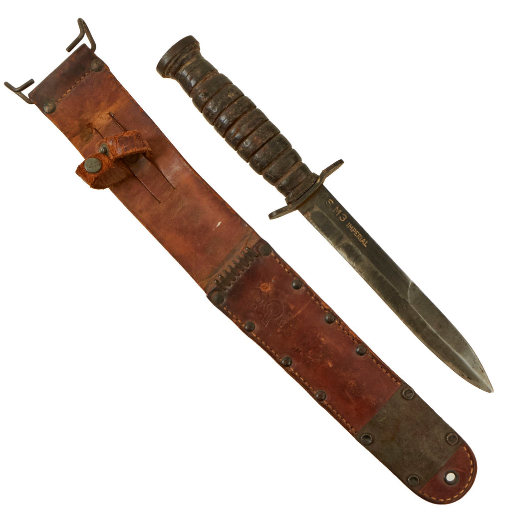 Original U.S. WWII Service-Worn M3 Blade Marked Fighting Knife by Imperial with 1943 dated M6 Leather Scabbard Original Items