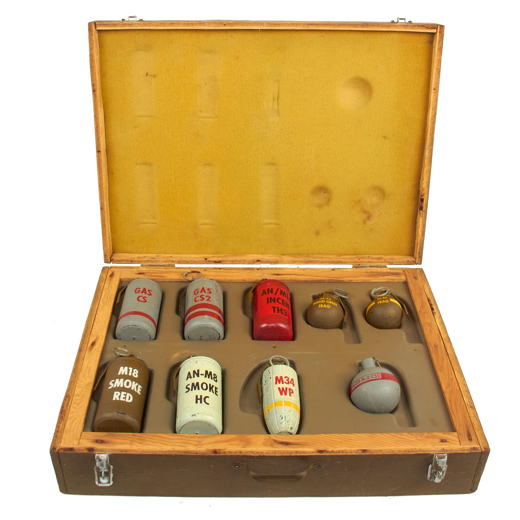 Original U.S. Vietnam War Era “Grenade Chemical Kit” Complete With Inert Resin Replica Grenades - Wood Case: 23 ¼” x 17 ½” x 6” Original Items