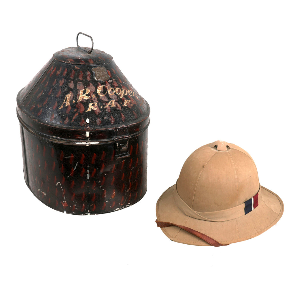 Original British WWII 1942 Dated Royal Air Force Pith Sun Helmet by Helmets Ltd. with Transit Tin by Gieves - Both Named Original Items