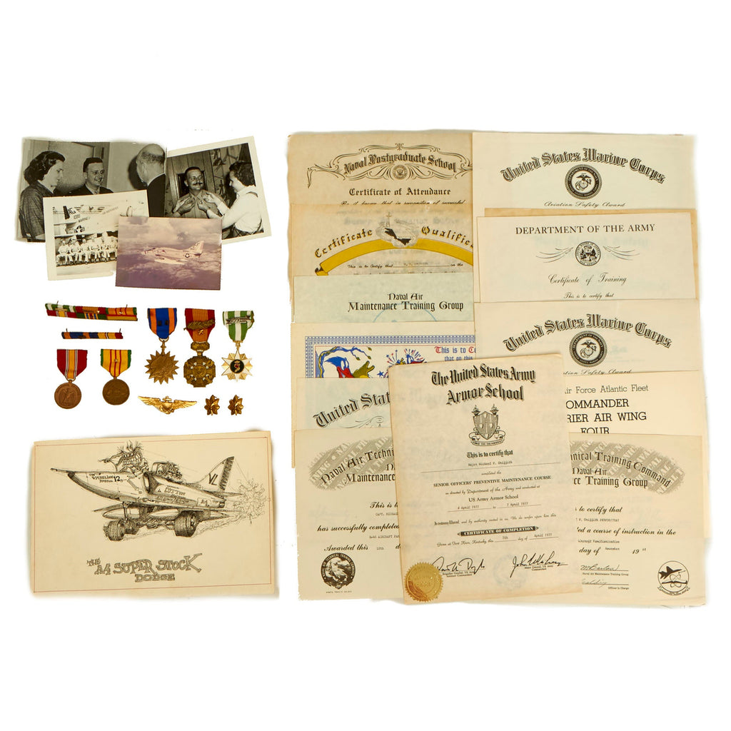 Original U.S. Vietnam War Named Marine Attack Squadron 331 (VMA-331) Pilot Medal, Insignia and Document Grouping Featuring Name Engraved Air Medal Grouping With 59 Strike/Flight Awards - Major Michael V. Griffith Original Items