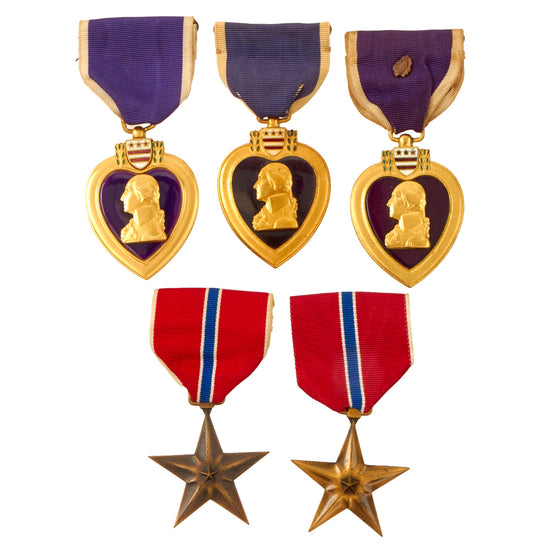 Original U.S. WWII Purple Heart & Bronze Star Medal Lot Including Engraved Bronze Star to Albert W. Hughes Jr. - 5 Medals Total Original Items