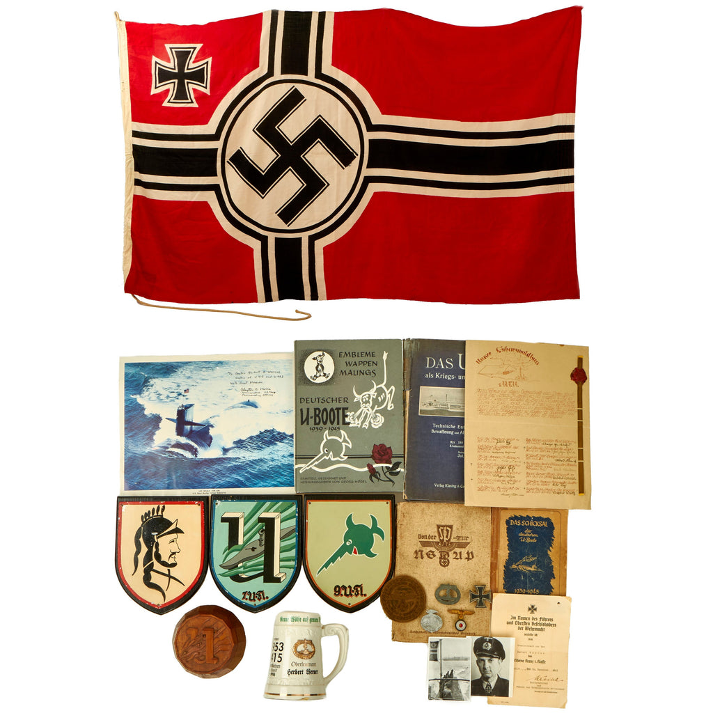 Original German WWII Collector's Grouping Named to U-Boat U-415 & U-953 Captain Herbert A. Werner - Commemorative Mug, Battle Flag, Signed Books & More! Original Items