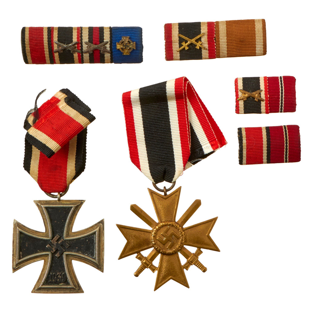 Original German WWII Medal and Ribbon Bar Grouping with EKII and KvKII with Swords - 6 Items Original Items