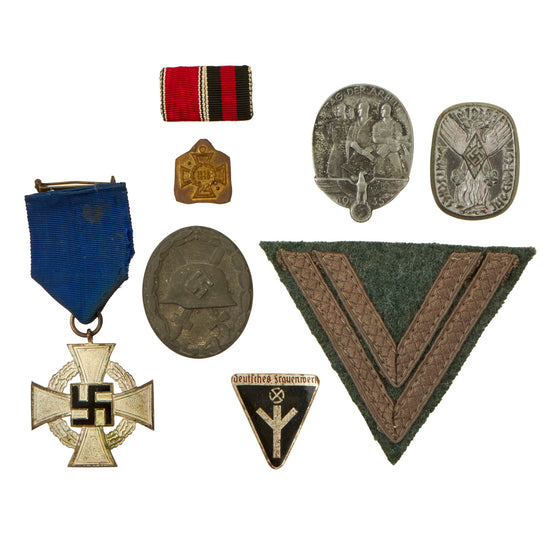 Original German WWII Award and Insignia Grouping with Long Civil Service Award, Silver Wound Badge, and More - 8 Items Original Items