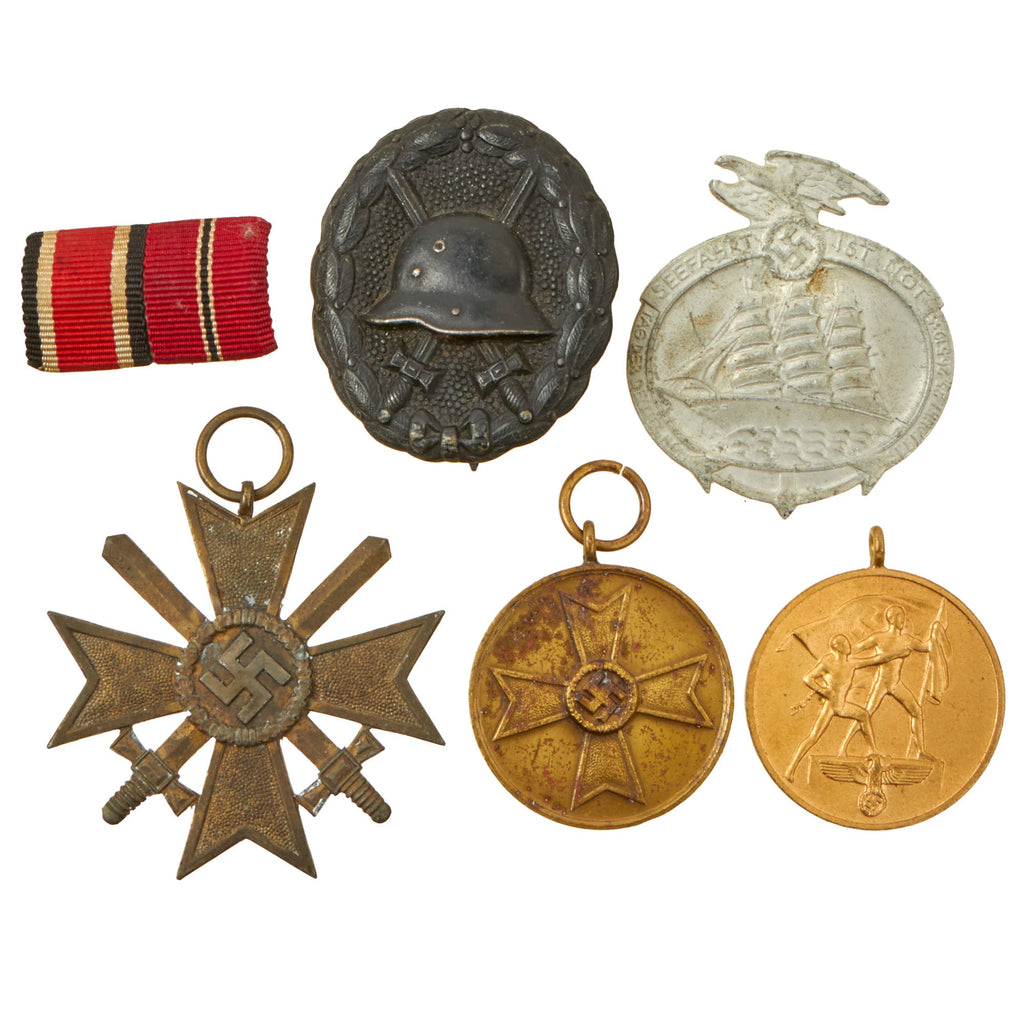Original German WWII Award and Tinnie Grouping with KvKII with Swords, War Merit Medal, and More - 6 Items Original Items