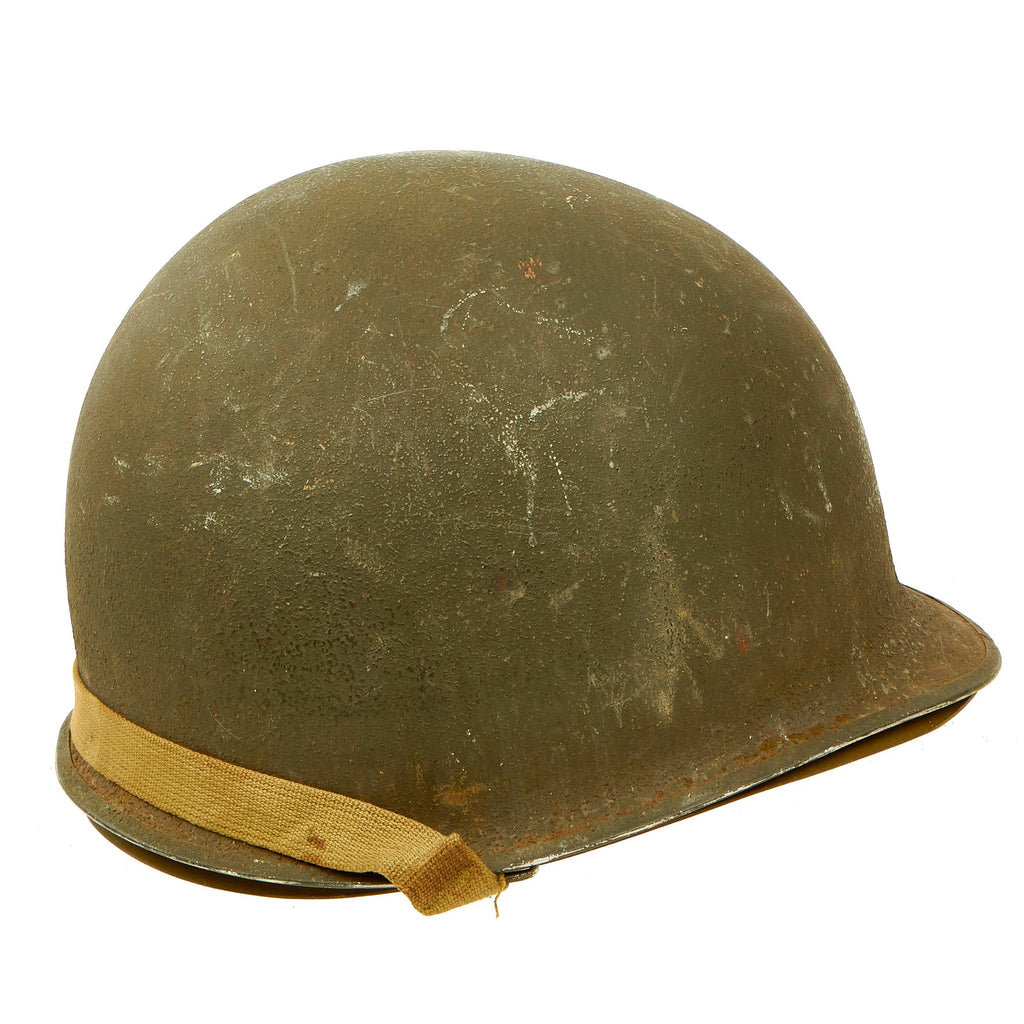 Original U.S. WWII Early 1943 M1 McCord Front Seam Fixed Bale Helmet with Firestone Liner Original Items