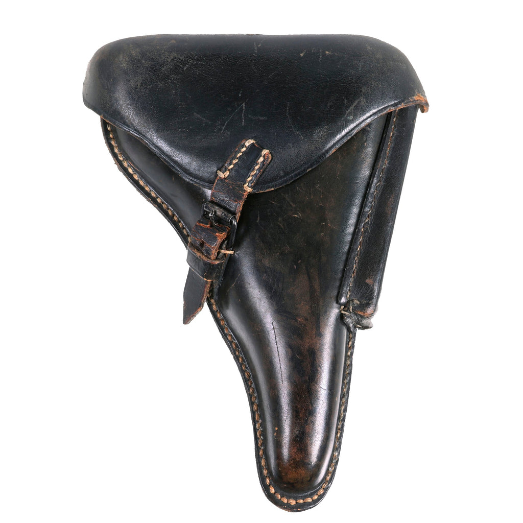 Original German WWII P.08 Luger Pistol Black Leather Hardshell Holster by Carl Hepting & Co. - Dated 1944 Original Items